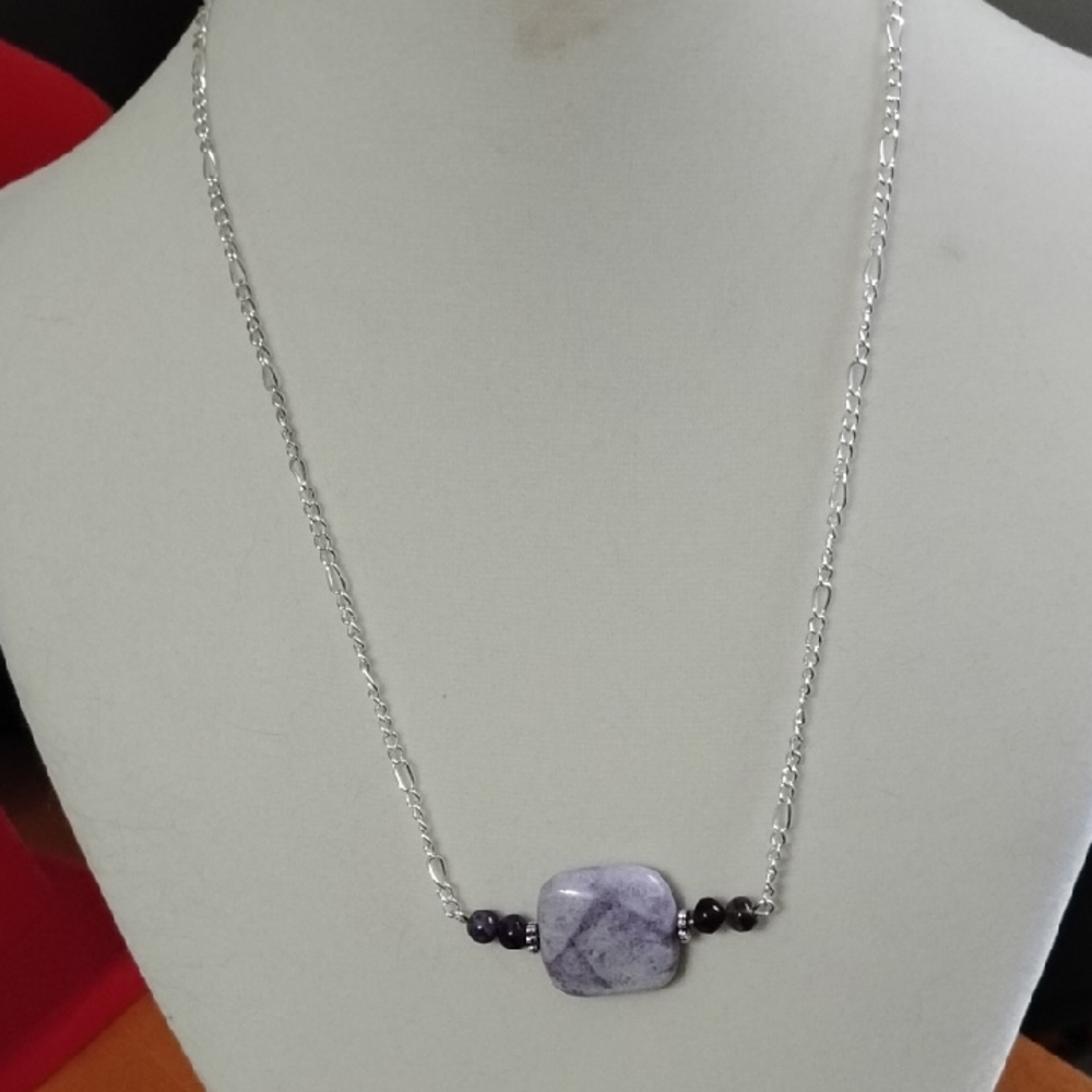 Hand Crafted Charoite And Amethyst Silver Bar Necklace With Magnetic Clasp